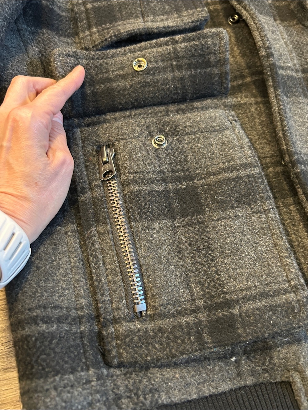 Projek Raw Wool Blend Plaid Bomber Jacket Gray Black Utility Zip Snap Men’s L - Picture 7 of 13